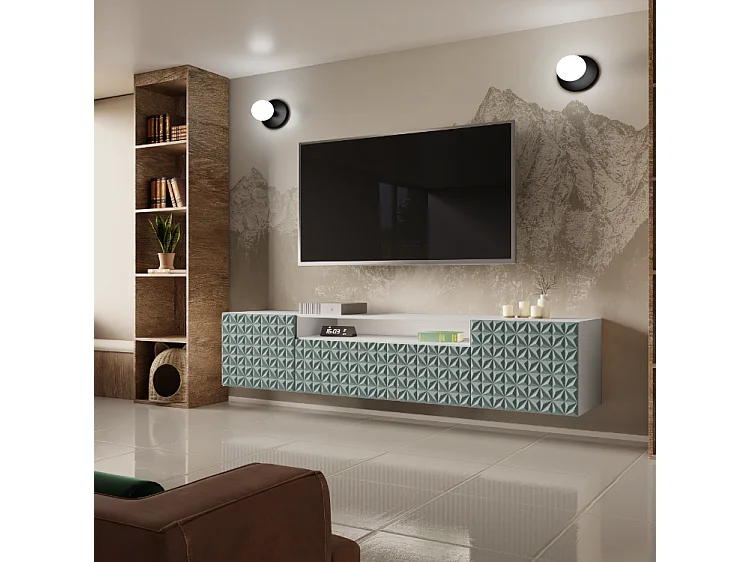 TV-Schrank Cali Fernsehschrank TV-Lowboard 200 cm Fronten gefräst wie ein Kaleidoskop modernes Design dreitürig Wandmontage (Farbe: weiß, grün)