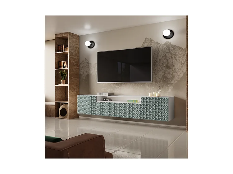 TV-Schrank Cali Fernsehschrank TV-Lowboard 200 cm Fronten gefräst wie ein Kaleidoskop modernes Design dreitürig Wandmontage (Farbe: weiß, grün)