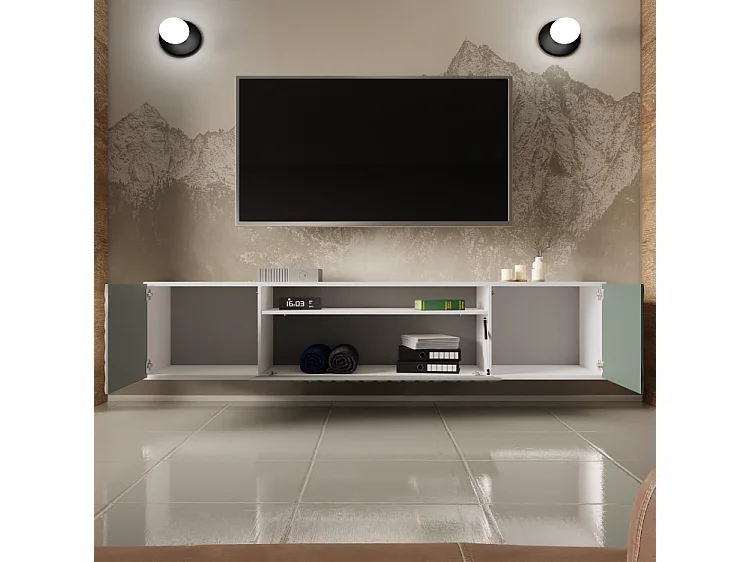 TV-Schrank Cali Fernsehschrank TV-Lowboard 200 cm Fronten gefräst wie ein Kaleidoskop modernes Design dreitürig Wandmontage (Farbe: weiß, grün)