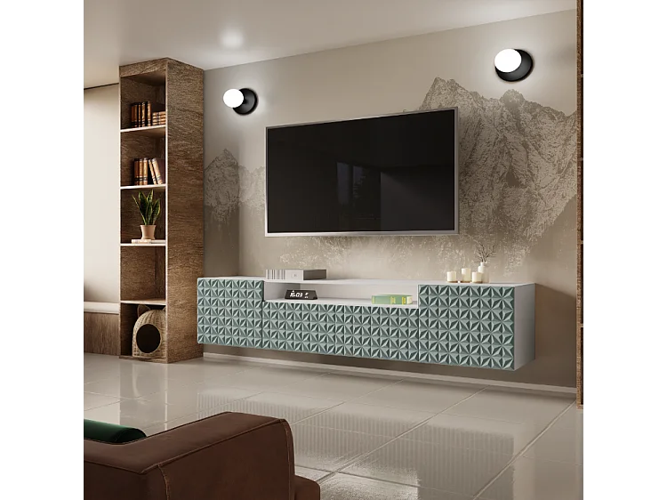 TV-Schrank Cali Fernsehschrank TV-Lowboard 200 cm Fronten gefräst wie ein Kaleidoskop modernes Design dreitürig Wandmontage (Farbe: weiß, grün)