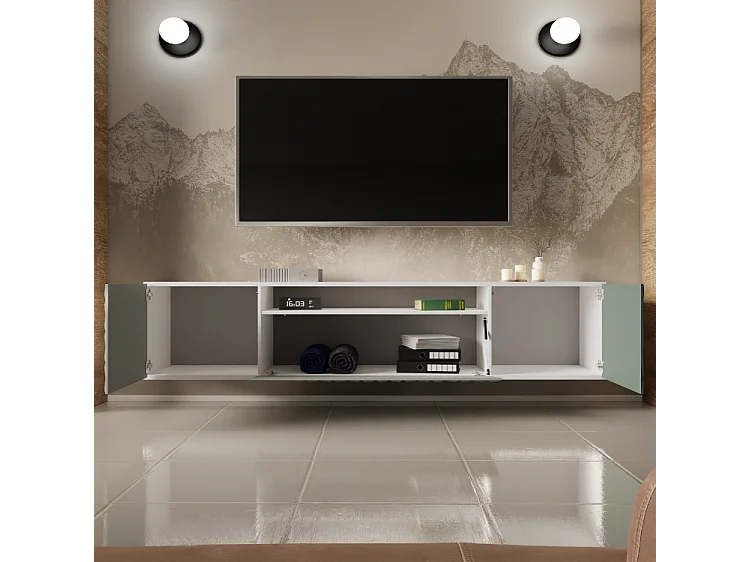 TV-Schrank Cali Fernsehschrank TV-Lowboard 200 cm Fronten gefräst wie ein Kaleidoskop modernes Design dreitürig Wandmontage (Farbe: weiß, grün)