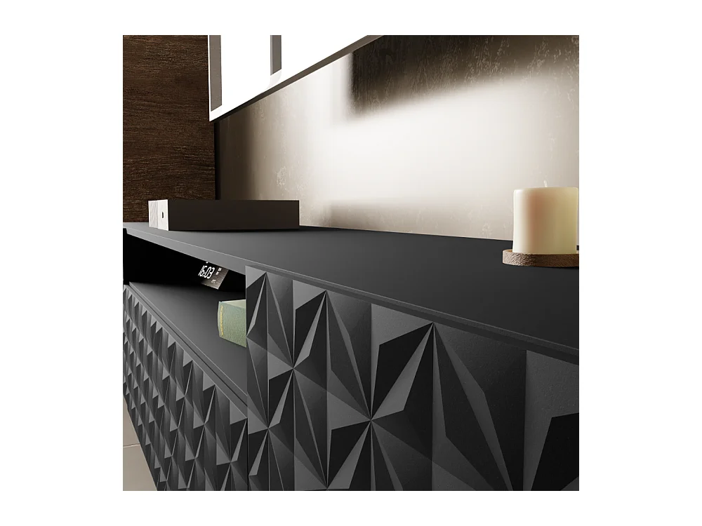 TV-Schrank Cali III Fernsehschrank TV-Lowboard 200 cm Fronten gefräst wie ein Kaleidoskop modernes Design dreitürig (Farbe: schwarz, schwarz)