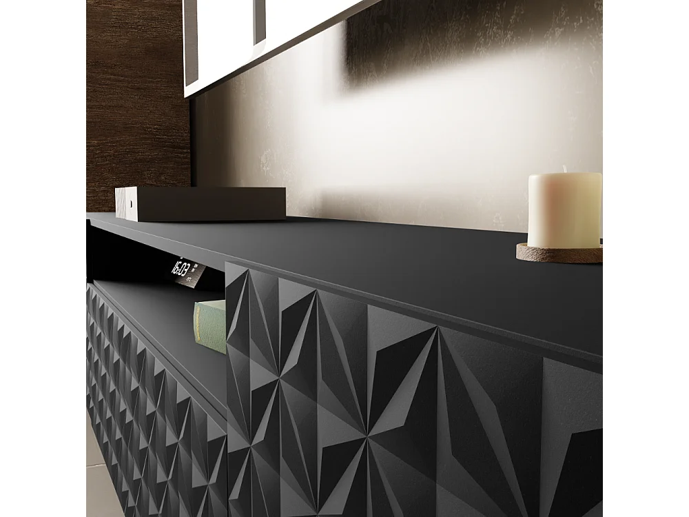 TV-Schrank Cali III Fernsehschrank TV-Lowboard 200 cm Fronten gefräst wie ein Kaleidoskop modernes Design dreitürig (Farbe: schwarz, schwarz)