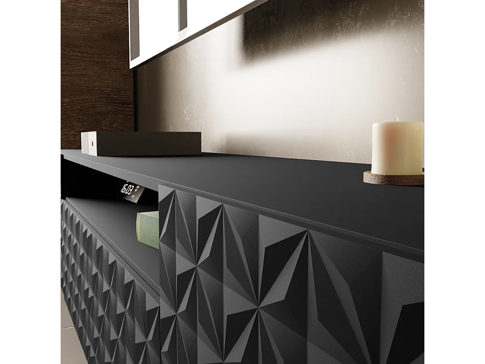 TV-Schrank Cali III Fernsehschrank TV-Lowboard 200 cm Fronten gefräst wie ein Kaleidoskop modernes Design dreitürig (Farbe: schwarz, schwarz)