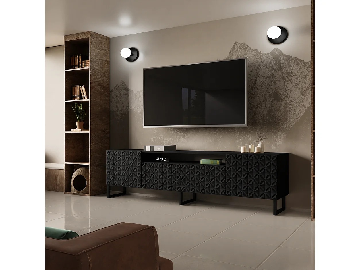 TV-Schrank Cali III Fernsehschrank TV-Lowboard 200 cm Fronten gefräst wie ein Kaleidoskop modernes Design dreitürig (Farbe: schwarz, schwarz)