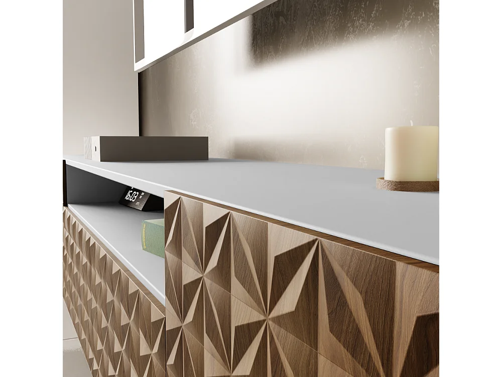 TV-Schrank Cali III Fernsehschrank TV-Lowboard 200 cm Fronten gefräst wie ein Kaleidoskop modernes Design dreitürig (Farbe: weiß, catania)