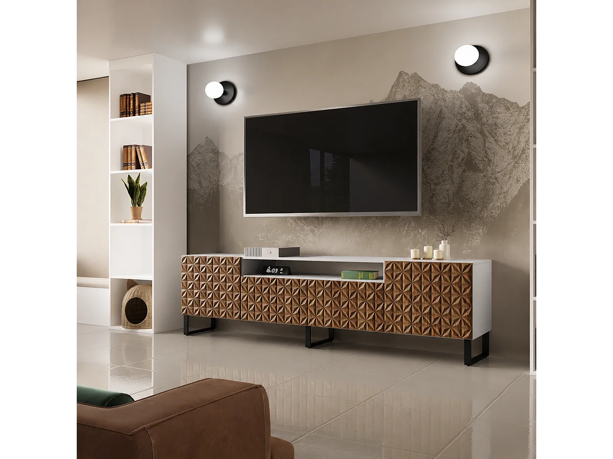 TV-Schrank Cali III Fernsehschrank TV-Lowboard 200 cm Fronten gefräst wie ein Kaleidoskop modernes Design dreitürig (Farbe: weiß, catania)