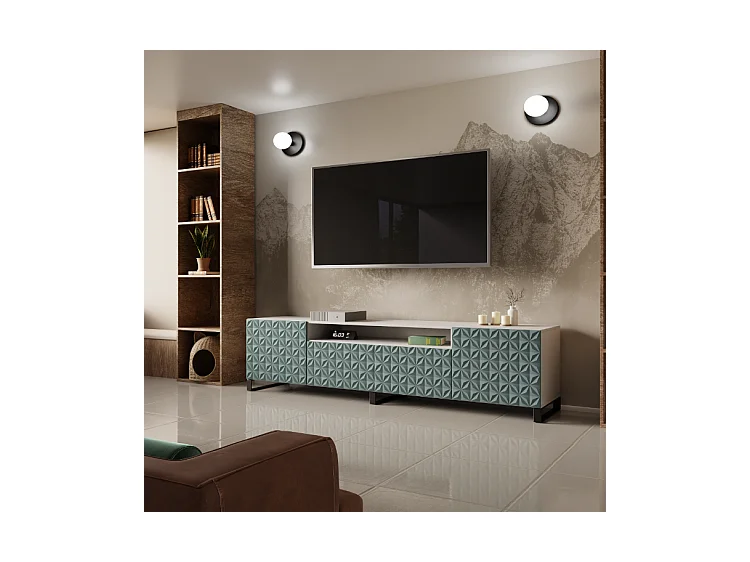 TV-Schrank Cali III Fernsehschrank TV-Lowboard 200 cm Fronten gefräst wie ein Kaleidoskop modernes Design dreitürig (Farbe: weiß, grün)