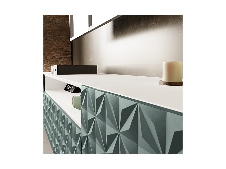 TV-Schrank Cali III Fernsehschrank TV-Lowboard 200 cm Fronten gefräst wie ein Kaleidoskop modernes Design dreitürig (Farbe: weiß, grün)