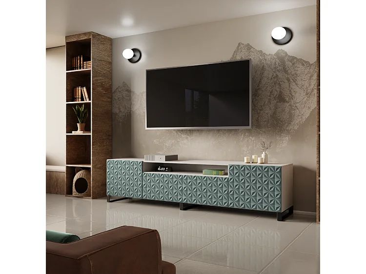 TV-Schrank Cali III Fernsehschrank TV-Lowboard 200 cm Fronten gefräst wie ein Kaleidoskop modernes Design dreitürig (Farbe: weiß, grün)