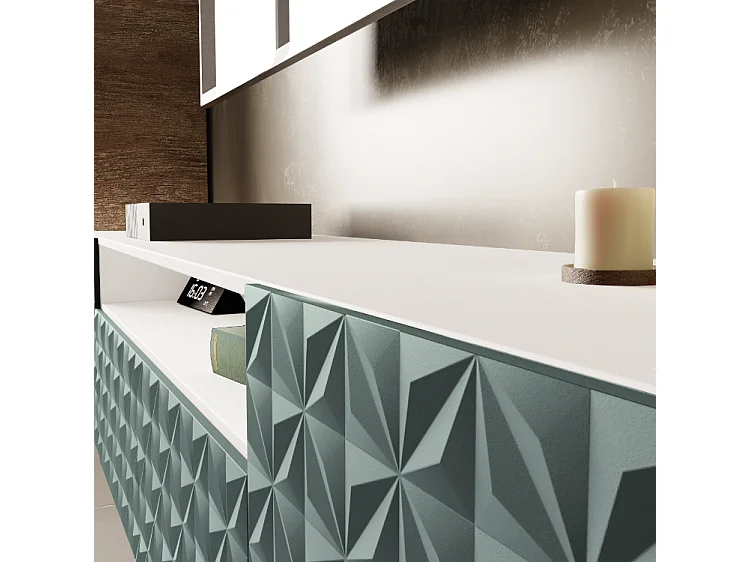 TV-Schrank Cali III Fernsehschrank TV-Lowboard 200 cm Fronten gefräst wie ein Kaleidoskop modernes Design dreitürig (Farbe: weiß, grün)