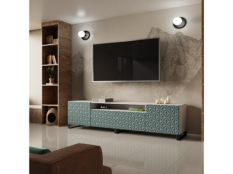 TV-Schrank Cali III Fernsehschrank TV-Lowboard 200 cm Fronten gefräst wie ein Kaleidoskop modernes Design dreitürig (Farbe: weiß, grün)