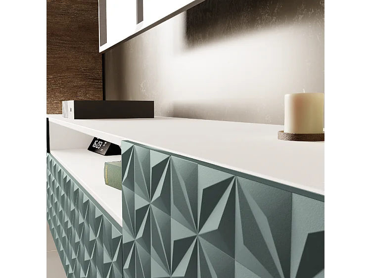 TV-Schrank Cali III Fernsehschrank TV-Lowboard 200 cm Fronten gefräst wie ein Kaleidoskop modernes Design dreitürig (Farbe: weiß, grün)