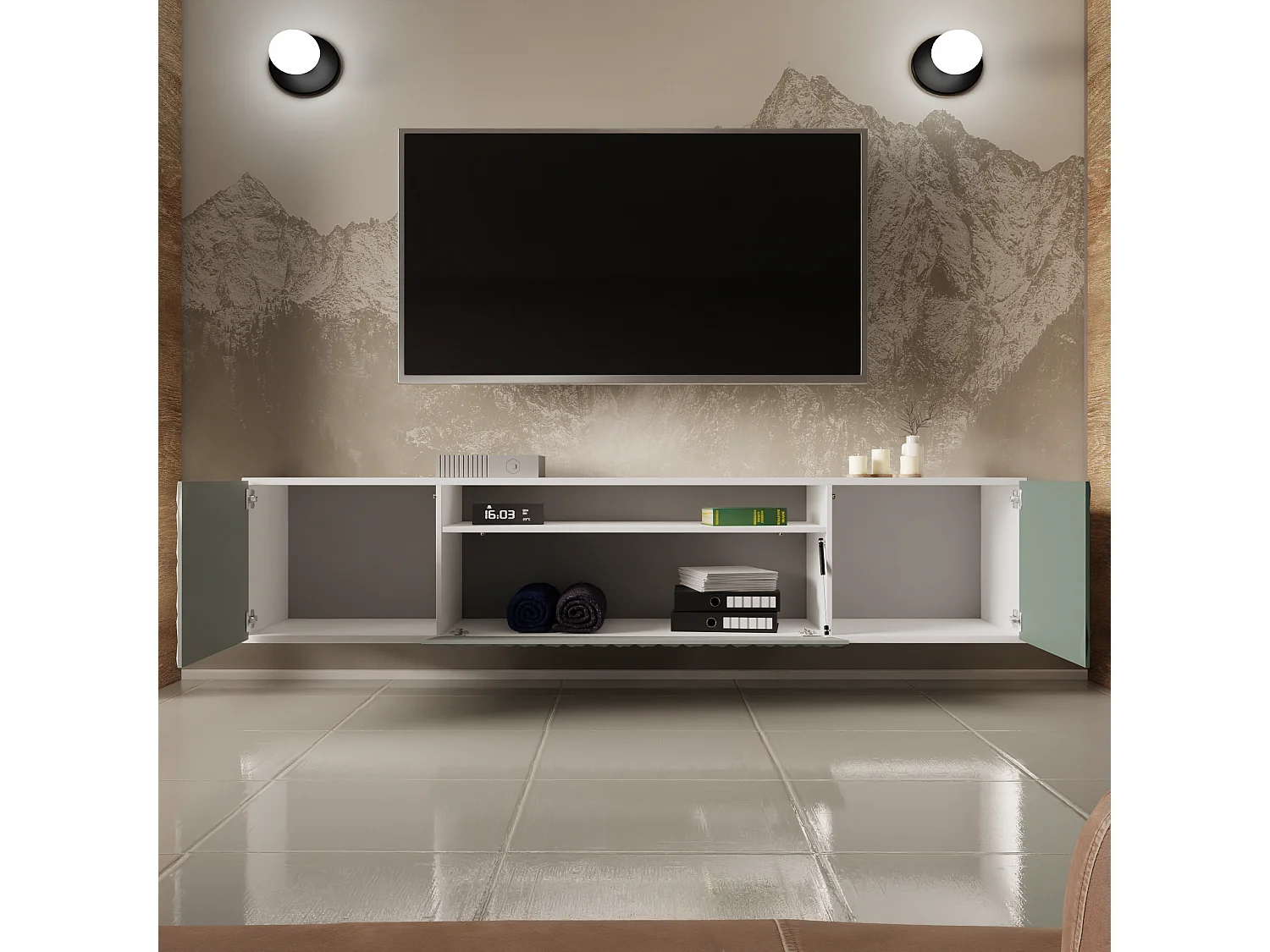 TV-Schrank Cali III Fernsehschrank TV-Lowboard 200 cm Fronten gefräst wie ein Kaleidoskop modernes Design dreitürig (Farbe: weiß, grün)