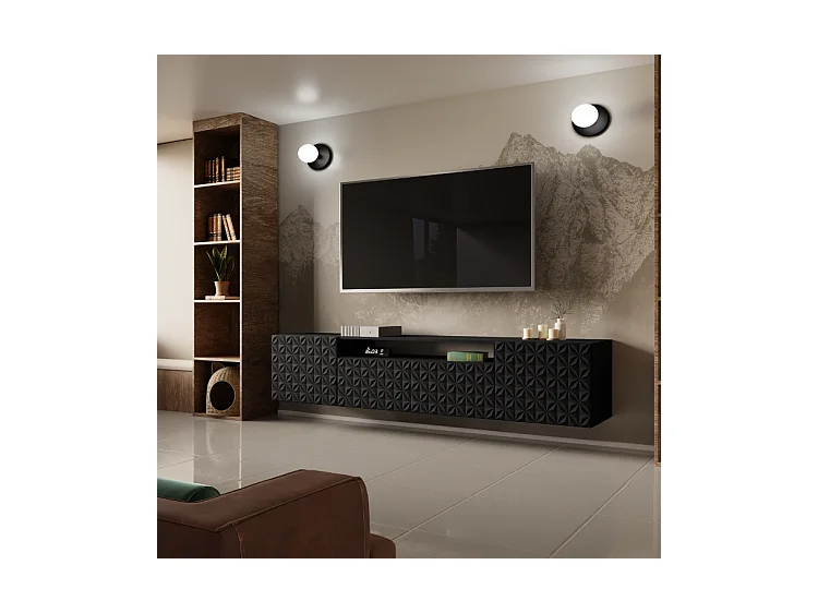 TV-Schrank Cali Fernsehschrank TV-Lowboard 200 cm Fronten gefräst wie ein Kaleidoskop modernes Design Wandmontage (Farbe: schwarz, schwarz)