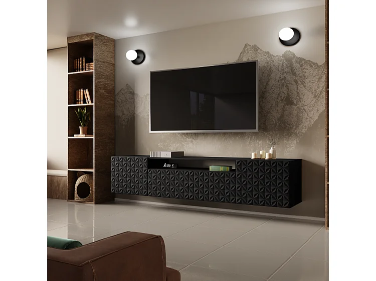 TV-Schrank Cali Fernsehschrank TV-Lowboard 200 cm Fronten gefräst wie ein Kaleidoskop modernes Design Wandmontage (Farbe: schwarz, schwarz)