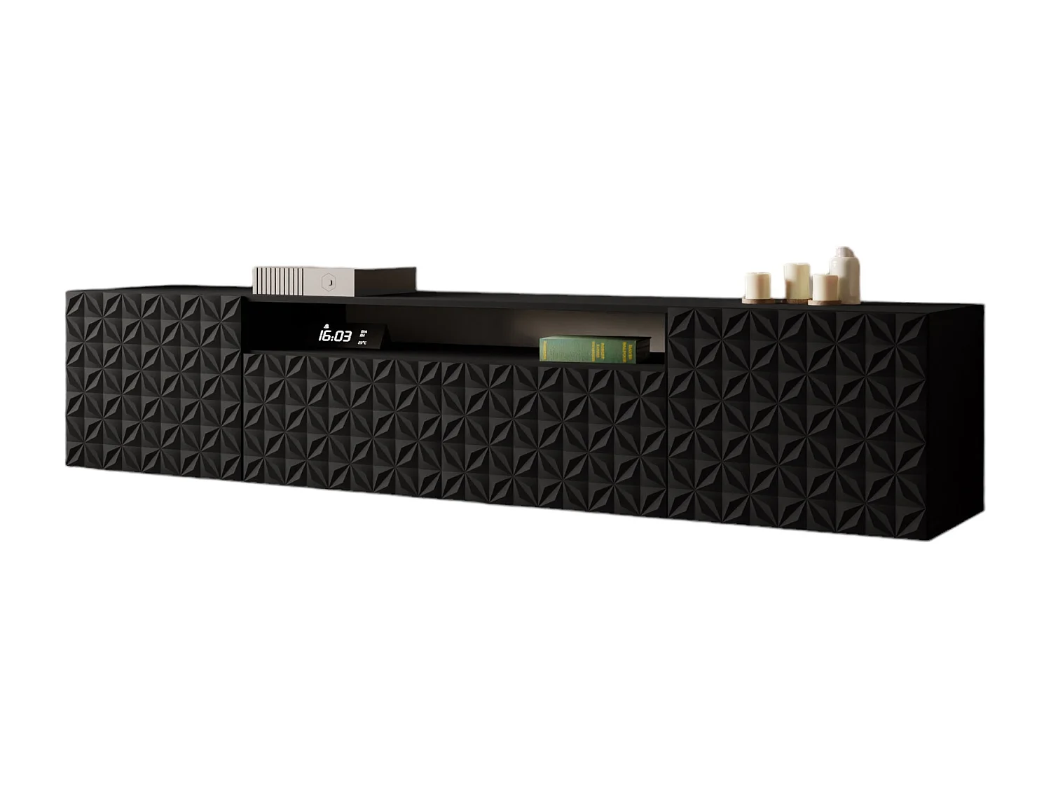 TV-Schrank Cali Fernsehschrank TV-Lowboard 200 cm Fronten gefräst wie ein Kaleidoskop modernes Design Wandmontage (Farbe: schwarz, schwarz)