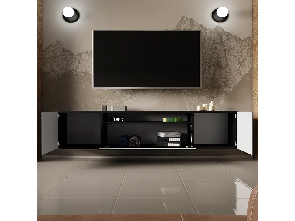 TV-Schrank Cali Fernsehschrank TV-Lowboard 200 cm Fronten gefräst wie ein Kaleidoskop modernes Design Wandmontage (Farbe: schwarz, schwarz)