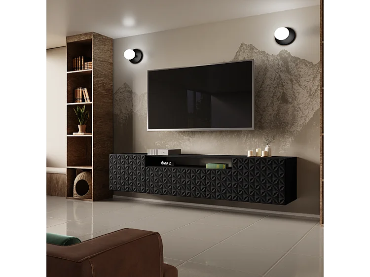 TV-Schrank Cali Fernsehschrank TV-Lowboard 200 cm Fronten gefräst wie ein Kaleidoskop modernes Design Wandmontage (Farbe: schwarz, schwarz)
