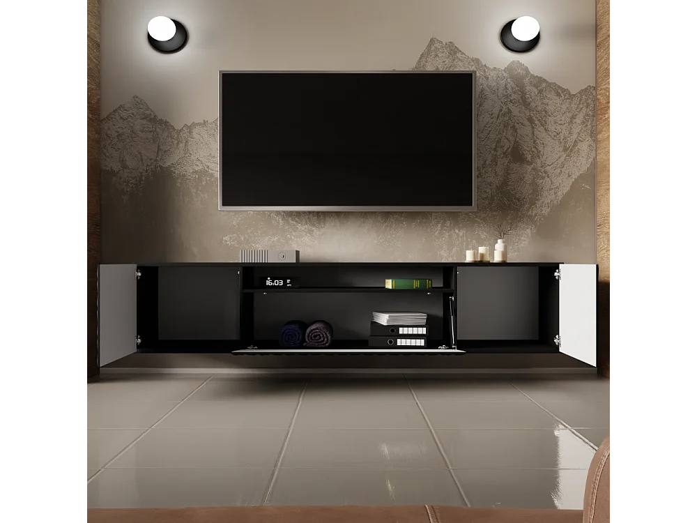 TV-Schrank Cali Fernsehschrank TV-Lowboard 200 cm Fronten gefräst wie ein Kaleidoskop modernes Design Wandmontage (Farbe: schwarz, schwarz)