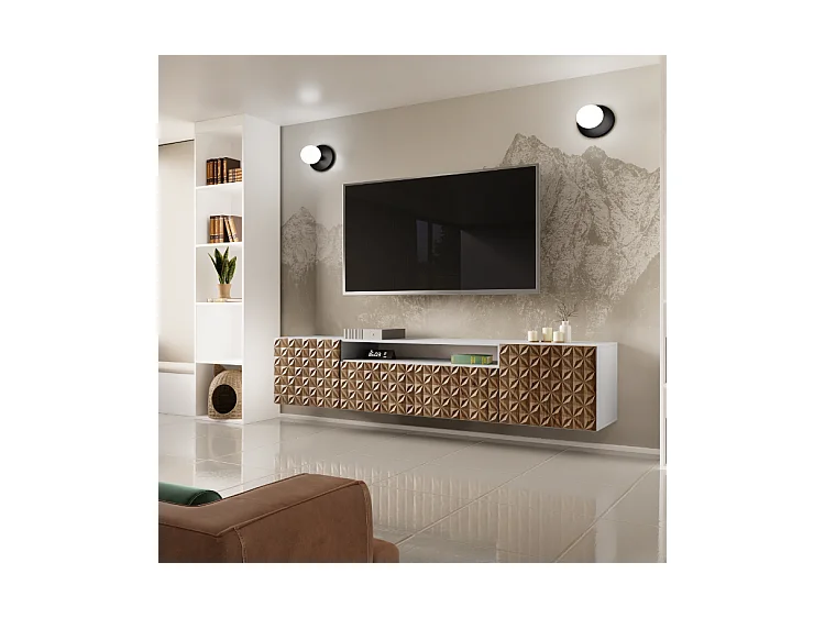 TV-Schrank Cali Fernsehschrank TV-Lowboard 200 cm Fronten gefräst wie ein Kaleidoskop modernes Design Wandmontage (Farbe: weiß, catania)