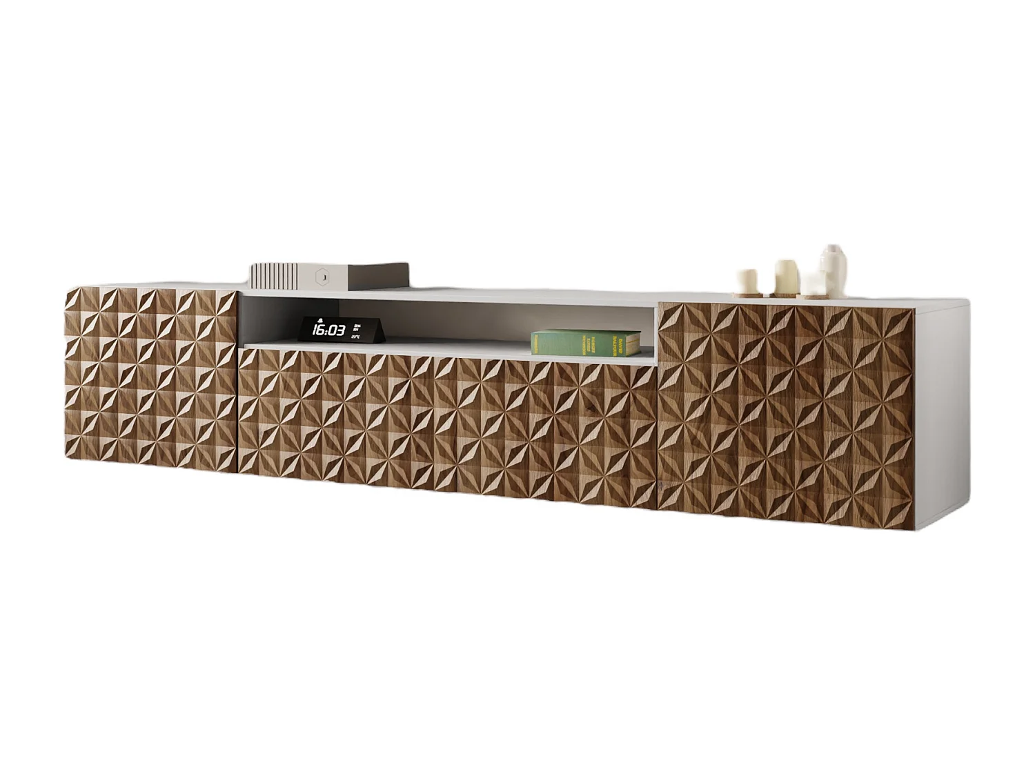 TV-Schrank Cali Fernsehschrank TV-Lowboard 200 cm Fronten gefräst wie ein Kaleidoskop modernes Design Wandmontage (Farbe: weiß, catania)