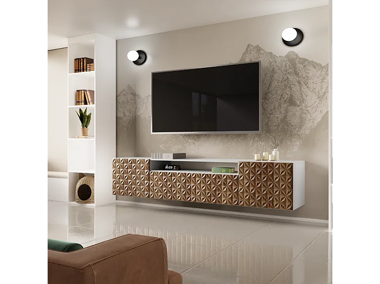 TV-Schrank Cali Fernsehschrank TV-Lowboard 200 cm Fronten gefräst wie ein Kaleidoskop modernes Design Wandmontage (Farbe: weiß, catania)