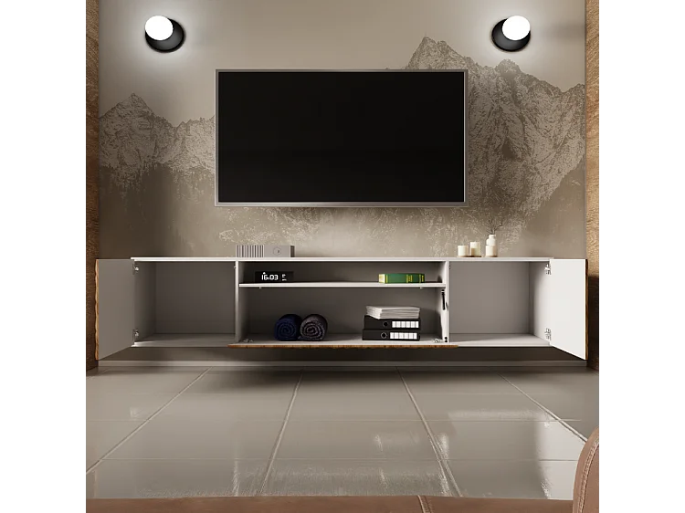 TV-Schrank Cali Fernsehschrank TV-Lowboard 200 cm Fronten gefräst wie ein Kaleidoskop modernes Design Wandmontage (Farbe: weiß, catania)