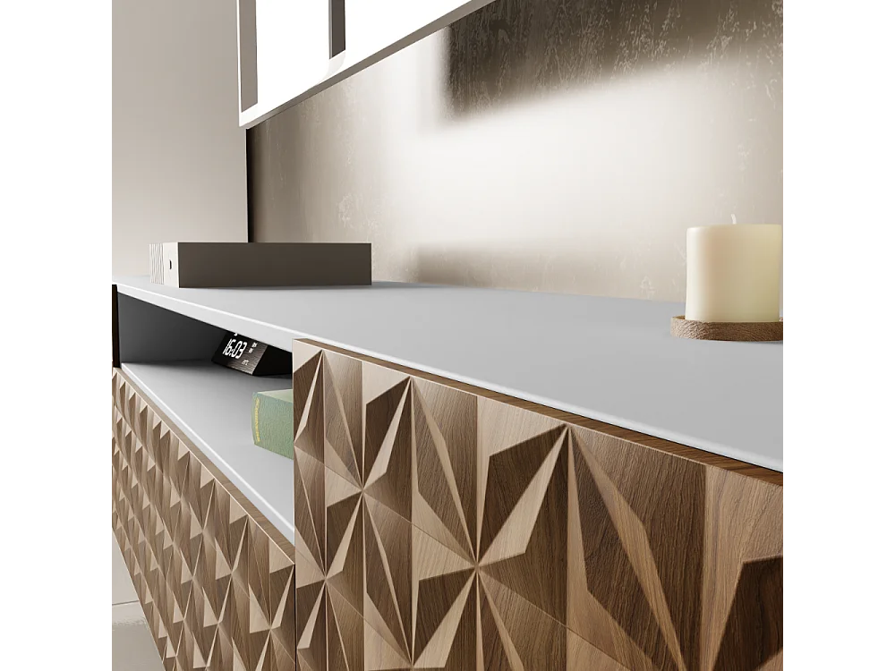 TV-Schrank Cali Fernsehschrank TV-Lowboard 200 cm Fronten gefräst wie ein Kaleidoskop modernes Design Wandmontage (Farbe: weiß, catania)