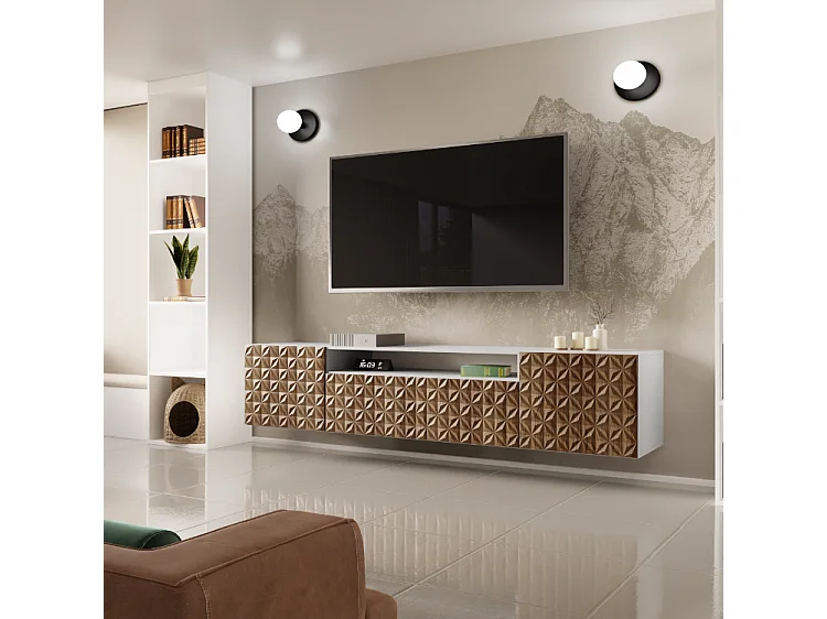 TV-Schrank Cali Fernsehschrank TV-Lowboard 200 cm Fronten gefräst wie ein Kaleidoskop modernes Design Wandmontage (Farbe: weiß, catania)