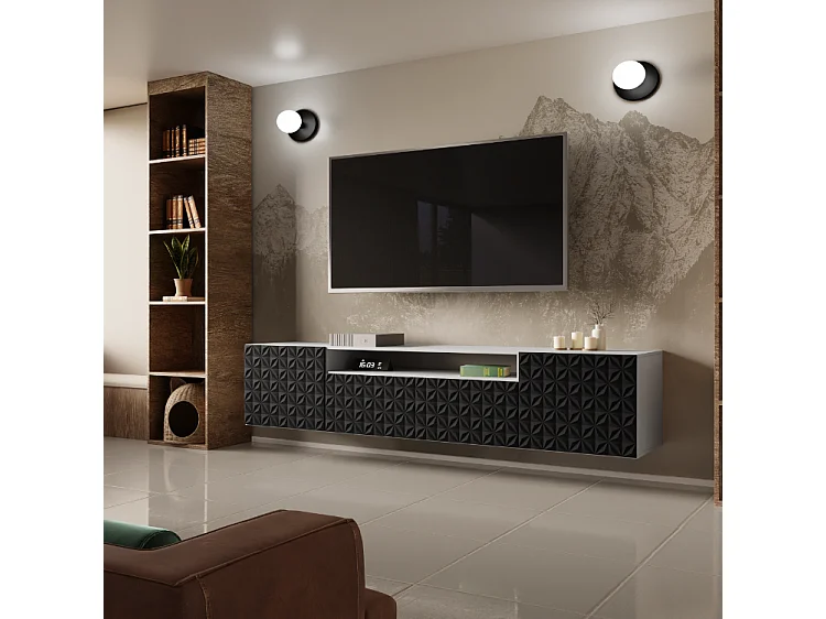 TV-Schrank Cali Fernsehschrank TV-Lowboard 200 cm Fronten gefräst wie ein Kaleidoskop modernes Design Wandmontage (Farbe: weiß, schwarz)
