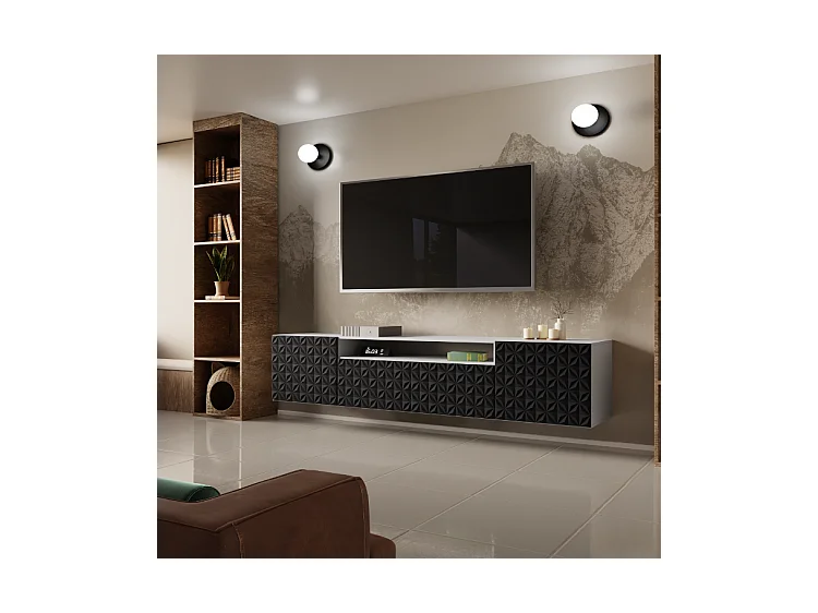 TV-Schrank Cali Fernsehschrank TV-Lowboard 200 cm Fronten gefräst wie ein Kaleidoskop modernes Design Wandmontage (Farbe: weiß, schwarz)