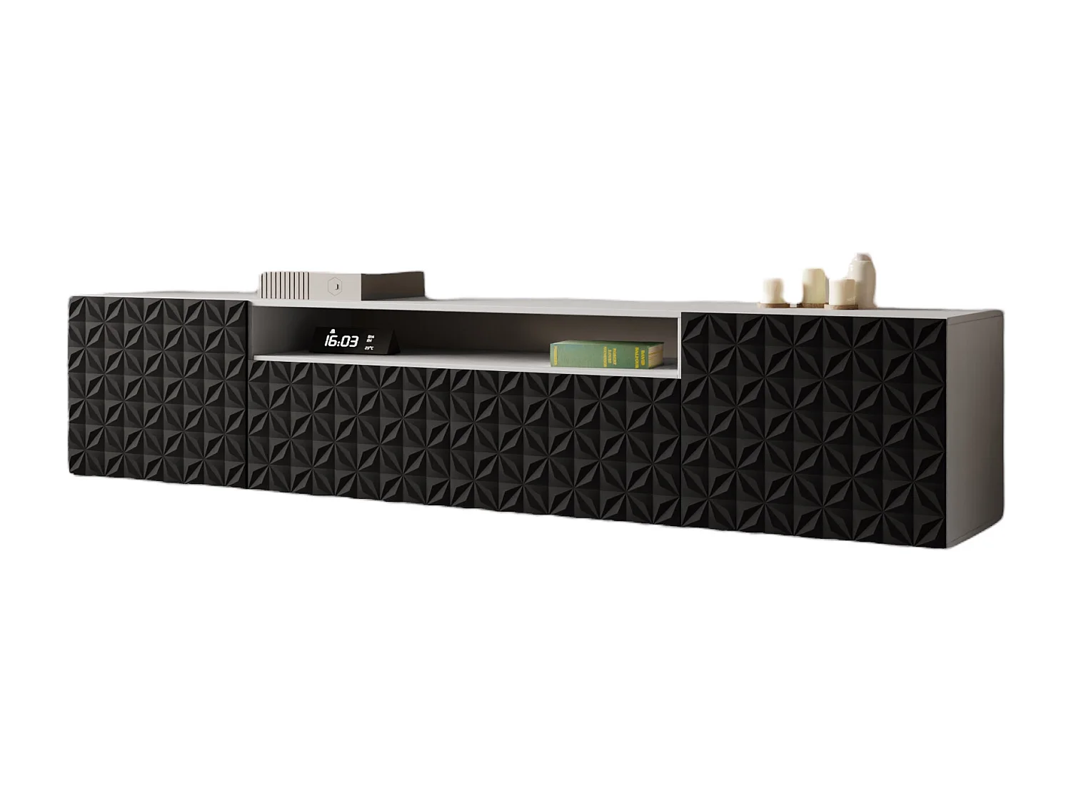 TV-Schrank Cali Fernsehschrank TV-Lowboard 200 cm Fronten gefräst wie ein Kaleidoskop modernes Design Wandmontage (Farbe: weiß, schwarz)