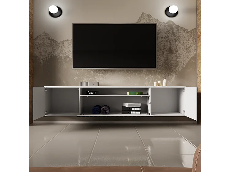 TV-Schrank Cali Fernsehschrank TV-Lowboard 200 cm Fronten gefräst wie ein Kaleidoskop modernes Design Wandmontage (Farbe: weiß, schwarz)