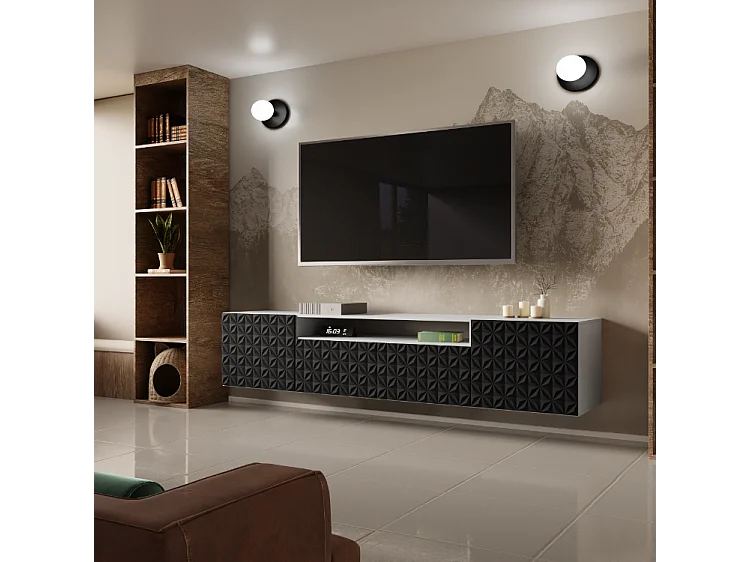 TV-Schrank Cali Fernsehschrank TV-Lowboard 200 cm Fronten gefräst wie ein Kaleidoskop modernes Design Wandmontage (Farbe: weiß, schwarz)