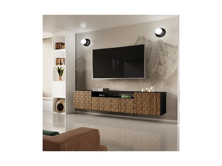 TV-Schrank Cali Fernsehschrank TV-Lowboard 200 cm Fronten gefräst wie ein Kaleidoskop modernes Design dreitürig Wandmontage (Farbe: schwarz, catania)