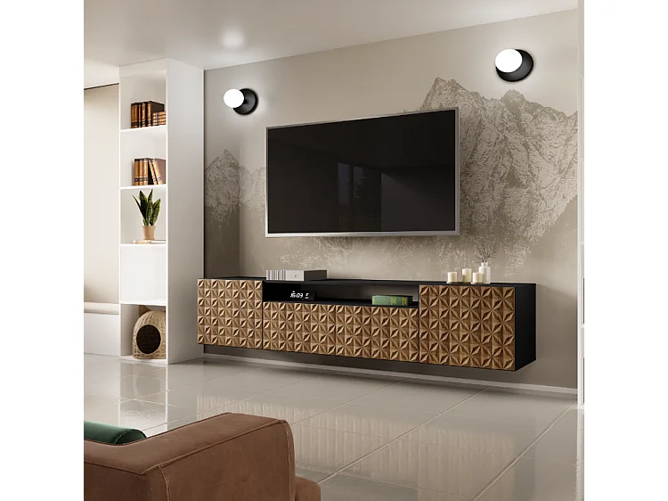 TV-Schrank Cali Fernsehschrank TV-Lowboard 200 cm Fronten gefräst wie ein Kaleidoskop modernes Design dreitürig Wandmontage (Farbe: schwarz, catania)