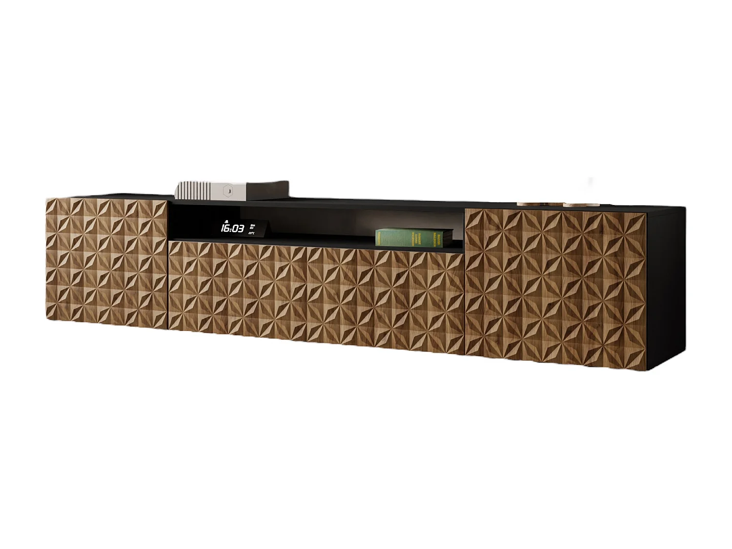 TV-Schrank Cali Fernsehschrank TV-Lowboard 200 cm Fronten gefräst wie ein Kaleidoskop modernes Design dreitürig Wandmontage (Farbe: schwarz, catania)