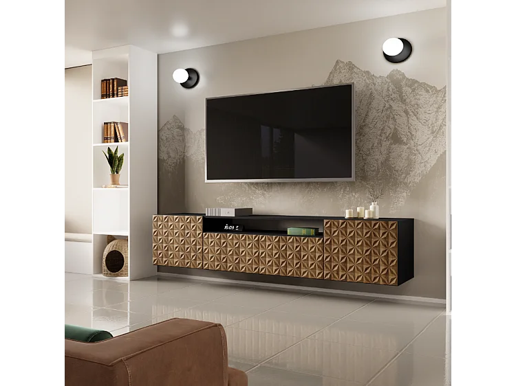 TV-Schrank Cali Fernsehschrank TV-Lowboard 200 cm Fronten gefräst wie ein Kaleidoskop modernes Design dreitürig Wandmontage (Farbe: schwarz, catania)