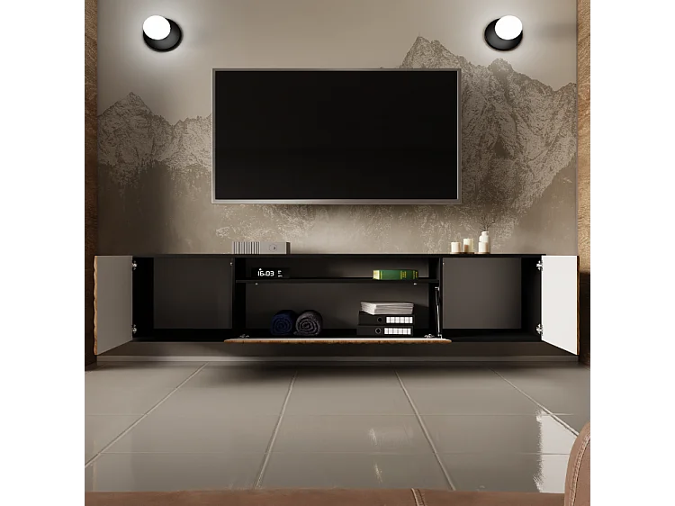 TV-Schrank Cali Fernsehschrank TV-Lowboard 200 cm Fronten gefräst wie ein Kaleidoskop modernes Design dreitürig Wandmontage (Farbe: schwarz, catania)