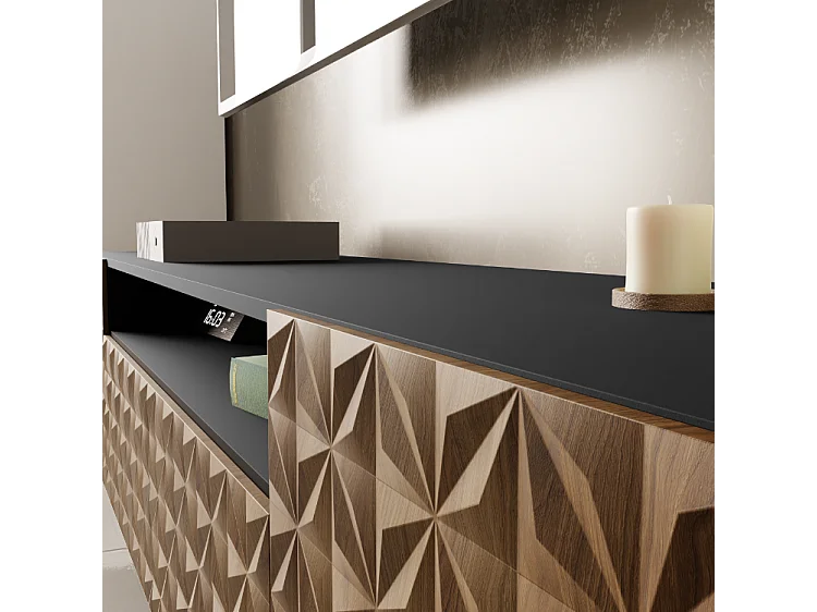 TV-Schrank Cali Fernsehschrank TV-Lowboard 200 cm Fronten gefräst wie ein Kaleidoskop modernes Design dreitürig Wandmontage (Farbe: schwarz, catania)