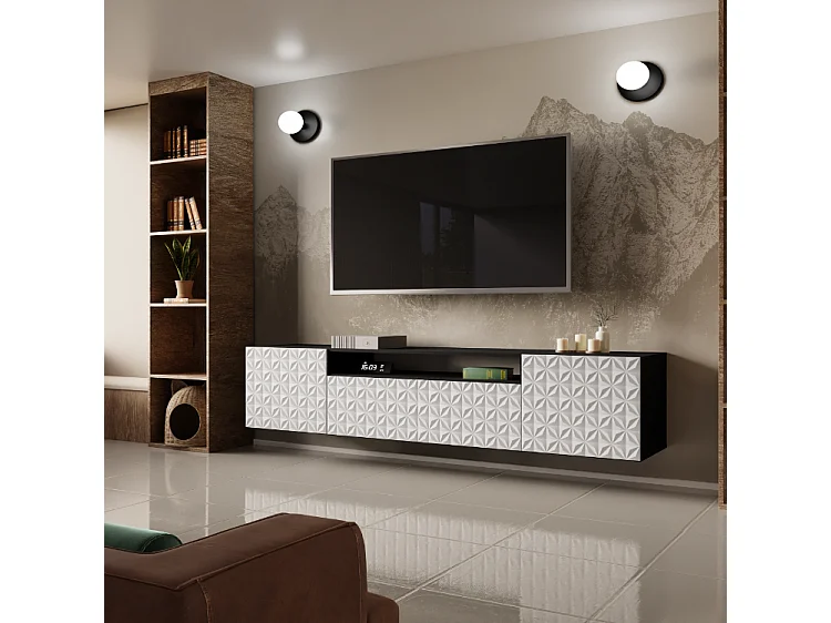 TV-Schrank Cali Fernsehschrank TV-Lowboard 200 cm Fronten gefräst wie ein Kaleidoskop modernes Design Wandmontage (Farbe: schwarz, weiß)