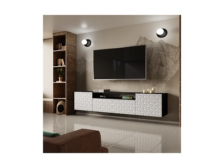 TV-Schrank Cali Fernsehschrank TV-Lowboard 200 cm Fronten gefräst wie ein Kaleidoskop modernes Design Wandmontage (Farbe: schwarz, weiß)