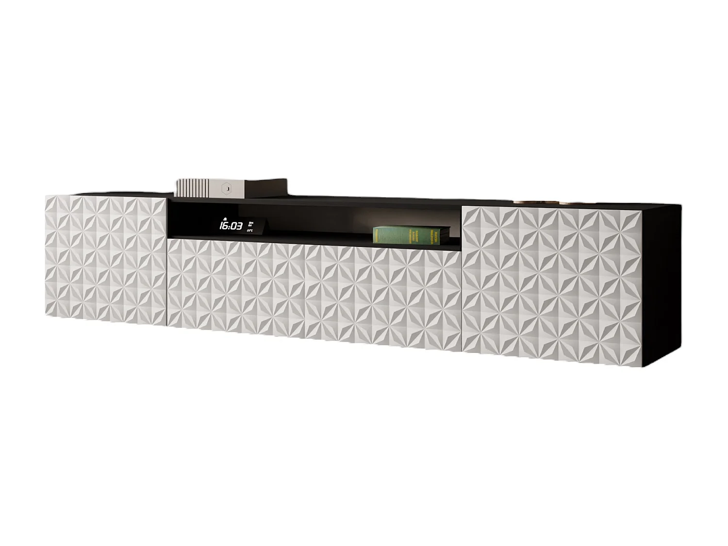 TV-Schrank Cali Fernsehschrank TV-Lowboard 200 cm Fronten gefräst wie ein Kaleidoskop modernes Design Wandmontage (Farbe: schwarz, weiß)