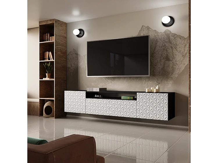 TV-Schrank Cali Fernsehschrank TV-Lowboard 200 cm Fronten gefräst wie ein Kaleidoskop modernes Design Wandmontage (Farbe: schwarz, weiß)