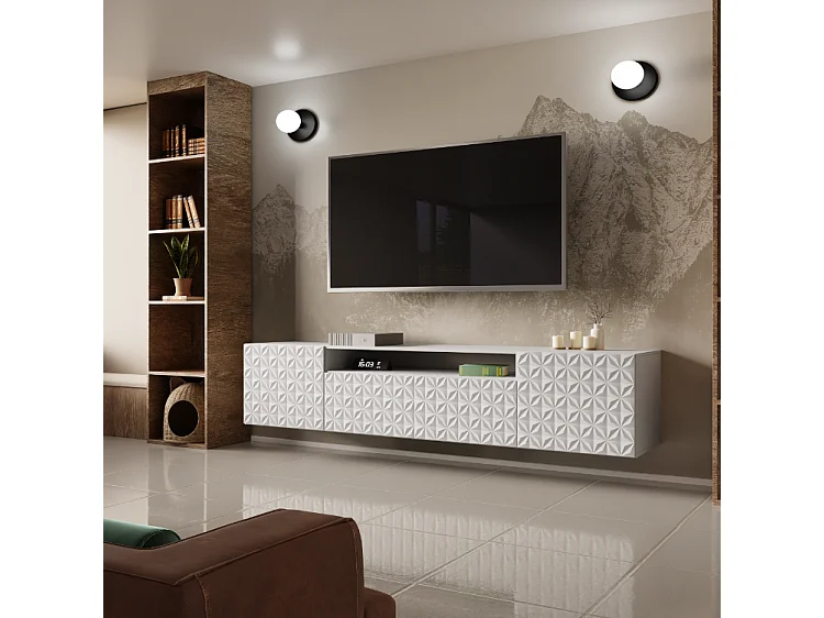 TV-Schrank Cali Fernsehschrank TV-Lowboard 200 cm Fronten gefräst wie ein Kaleidoskop modernes Design Wandmontage (Farbe: weiß, weiß)