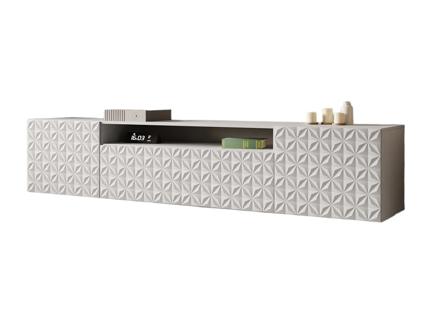 TV-Schrank Cali Fernsehschrank TV-Lowboard 200 cm Fronten gefräst wie ein Kaleidoskop modernes Design Wandmontage (Farbe: weiß, weiß)