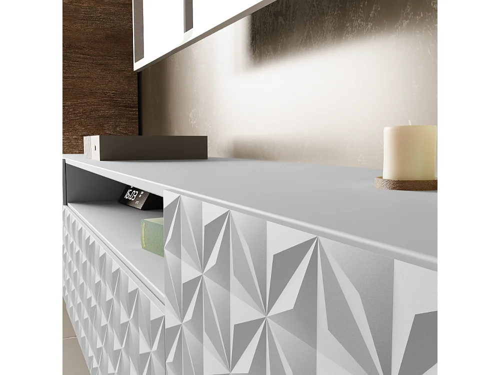 TV-Schrank Cali Fernsehschrank TV-Lowboard 200 cm Fronten gefräst wie ein Kaleidoskop modernes Design Wandmontage (Farbe: weiß, weiß)