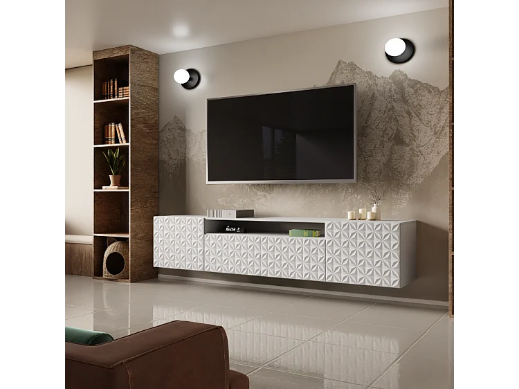 TV-Schrank Cali Fernsehschrank TV-Lowboard 200 cm Fronten gefräst wie ein Kaleidoskop modernes Design Wandmontage (Farbe: weiß, weiß)