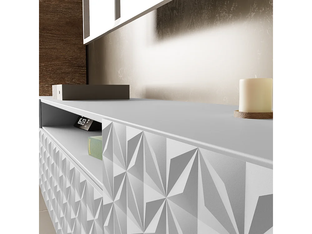 TV-Schrank Cali Fernsehschrank TV-Lowboard 200 cm Fronten gefräst wie ein Kaleidoskop modernes Design Wandmontage (Farbe: weiß, weiß)